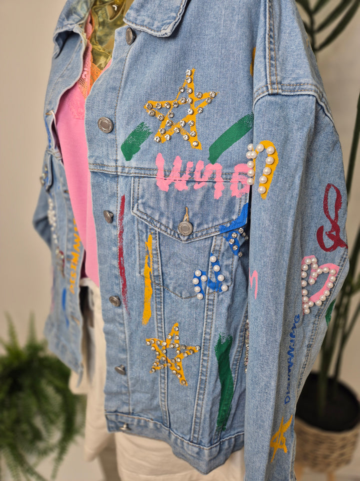 Paint Splashed Denim Jacket with Crystals - Stonewashed