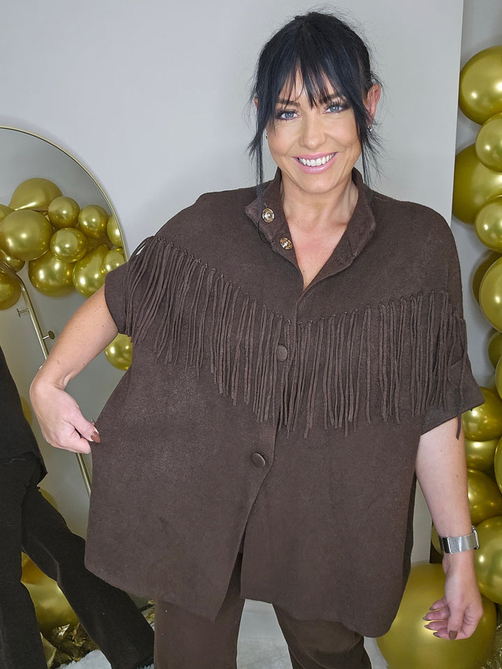 Broadway Fringed Cosy Knit Jacket - Chocolate - (Oversized - fits Size 14 to Size 18/20