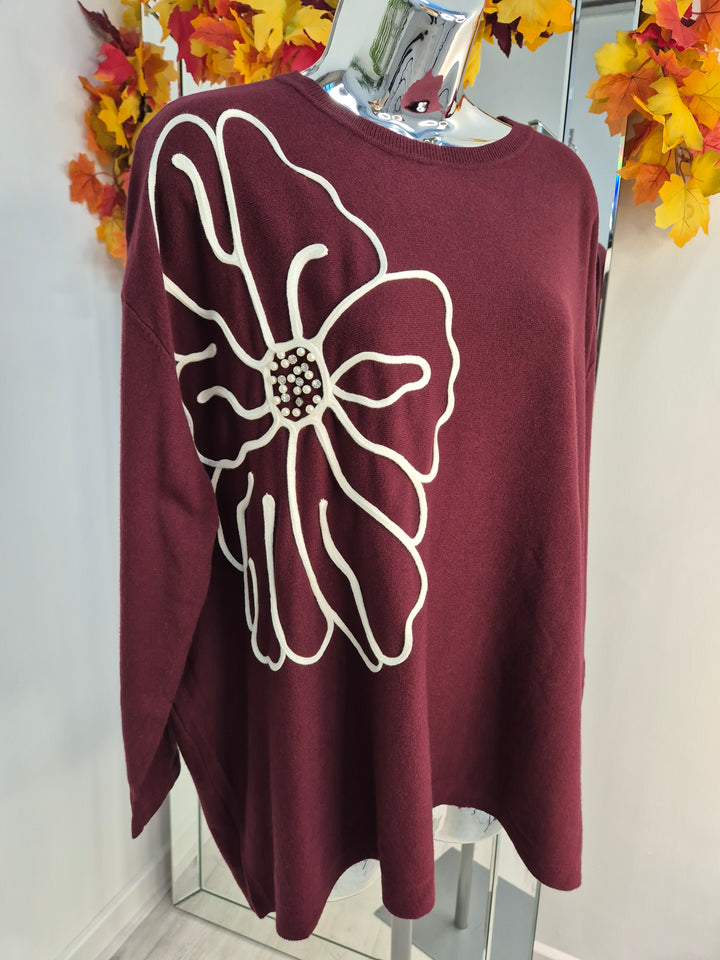 Pearl & Crystal Oversized Jumper - Wine (One Size/Curvy, fits from Size 14 up to Size 18)