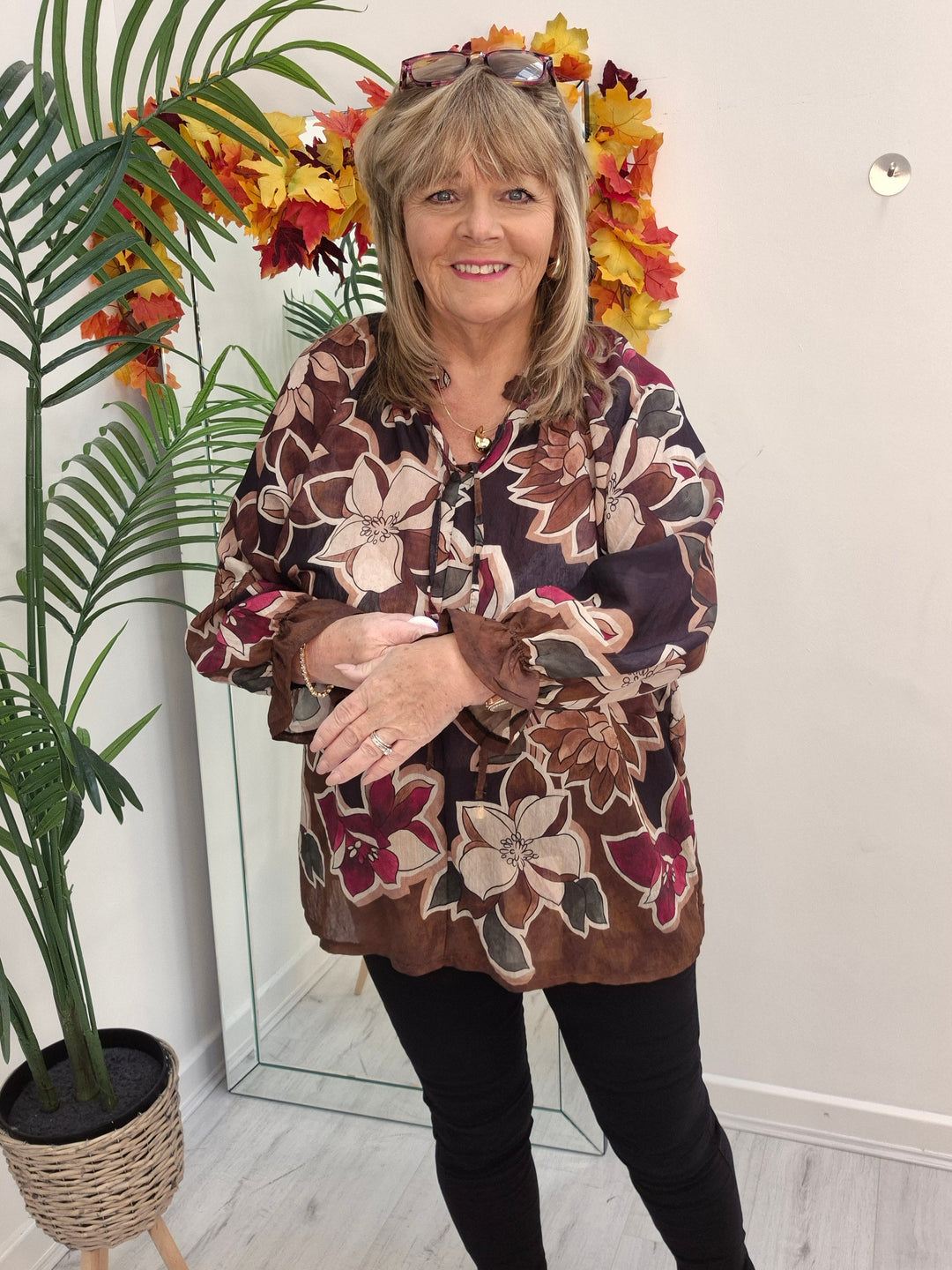 Floral Autumn Blouse - Black/Wine/Chocolate (fits from Size 12/14 to Size 18/20)