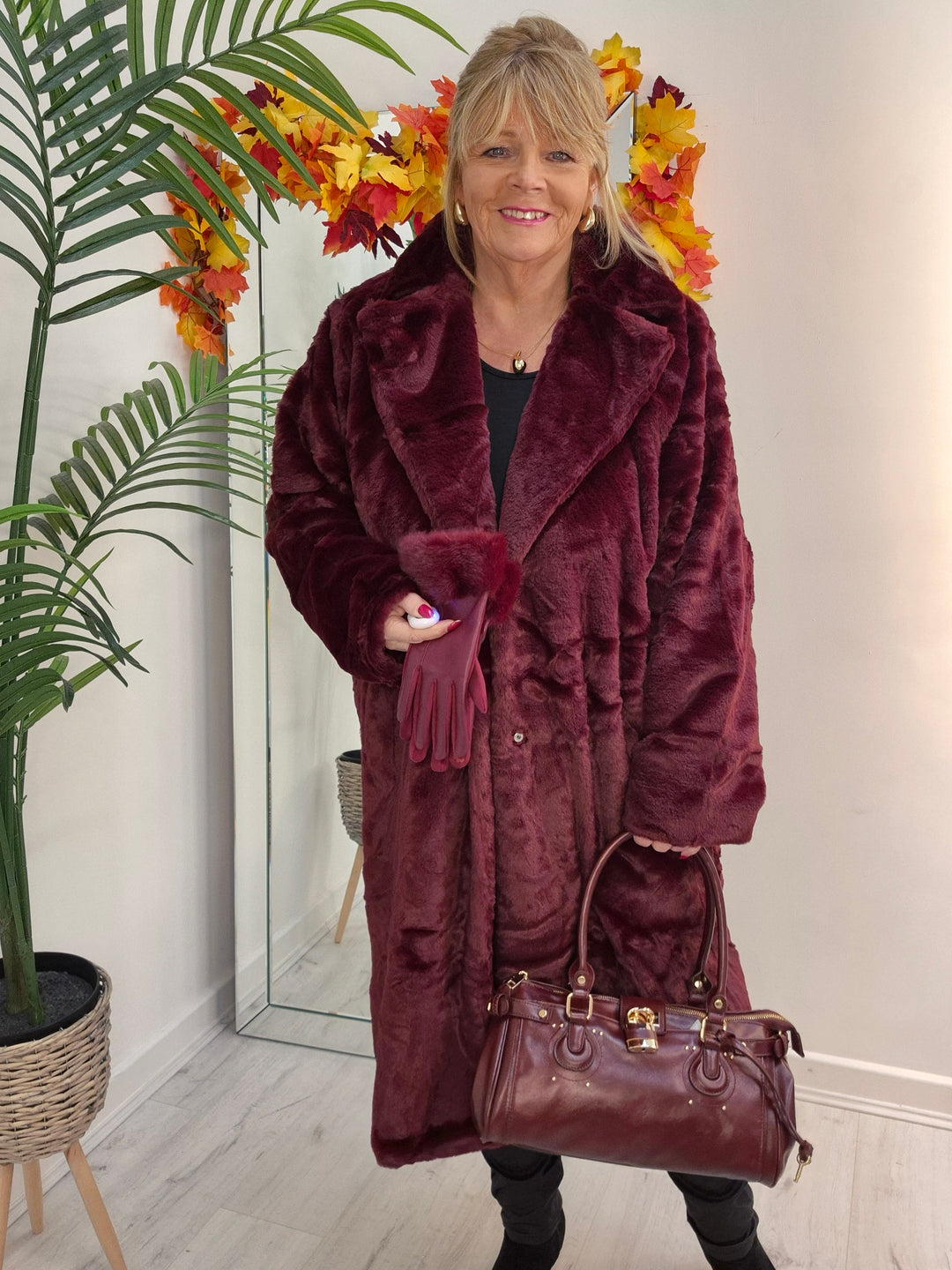 Oslo Faux Fur Longline Coat - Wine (choose your Size)