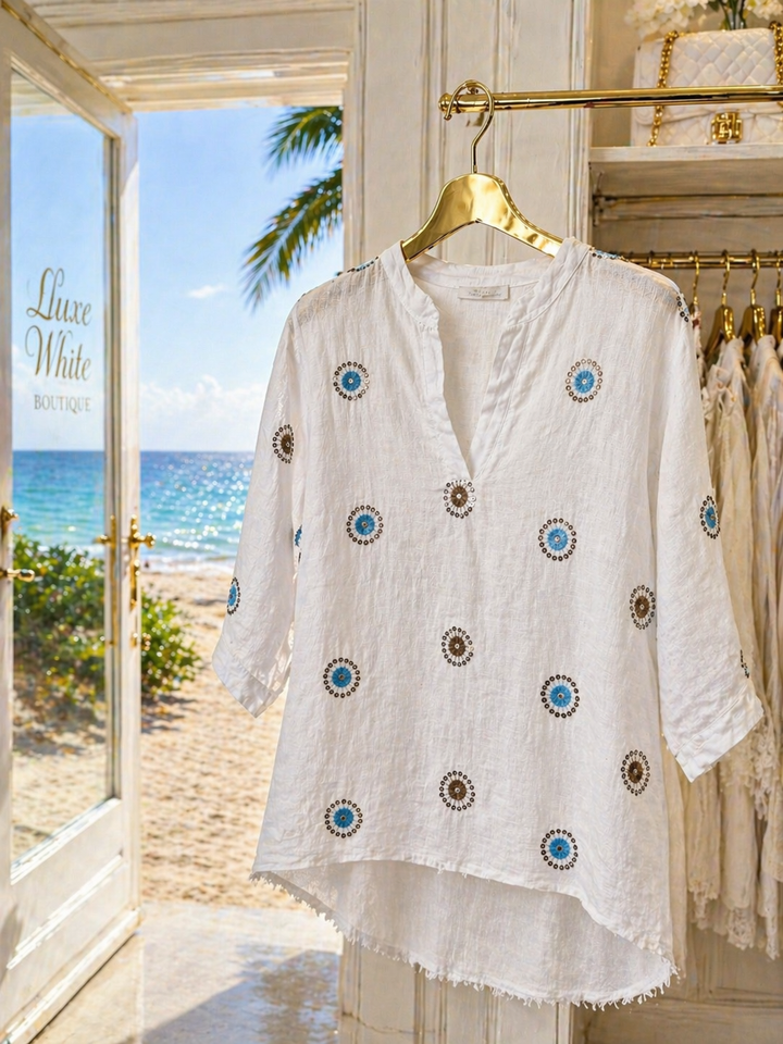 Amalfi Linen Sequin Floral High Low Top with Frayed Top - White (Oversized, fits from Size 14 to Size 18)