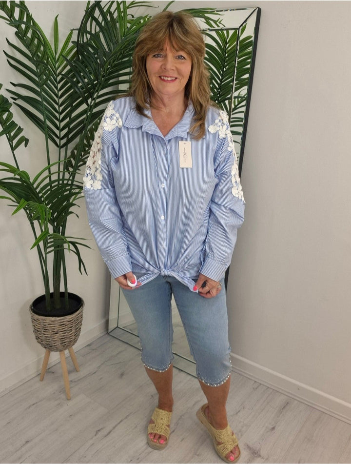 Daisy Lace Sleeve Pin Stripe Blouse - Blue/White - (Oversized)