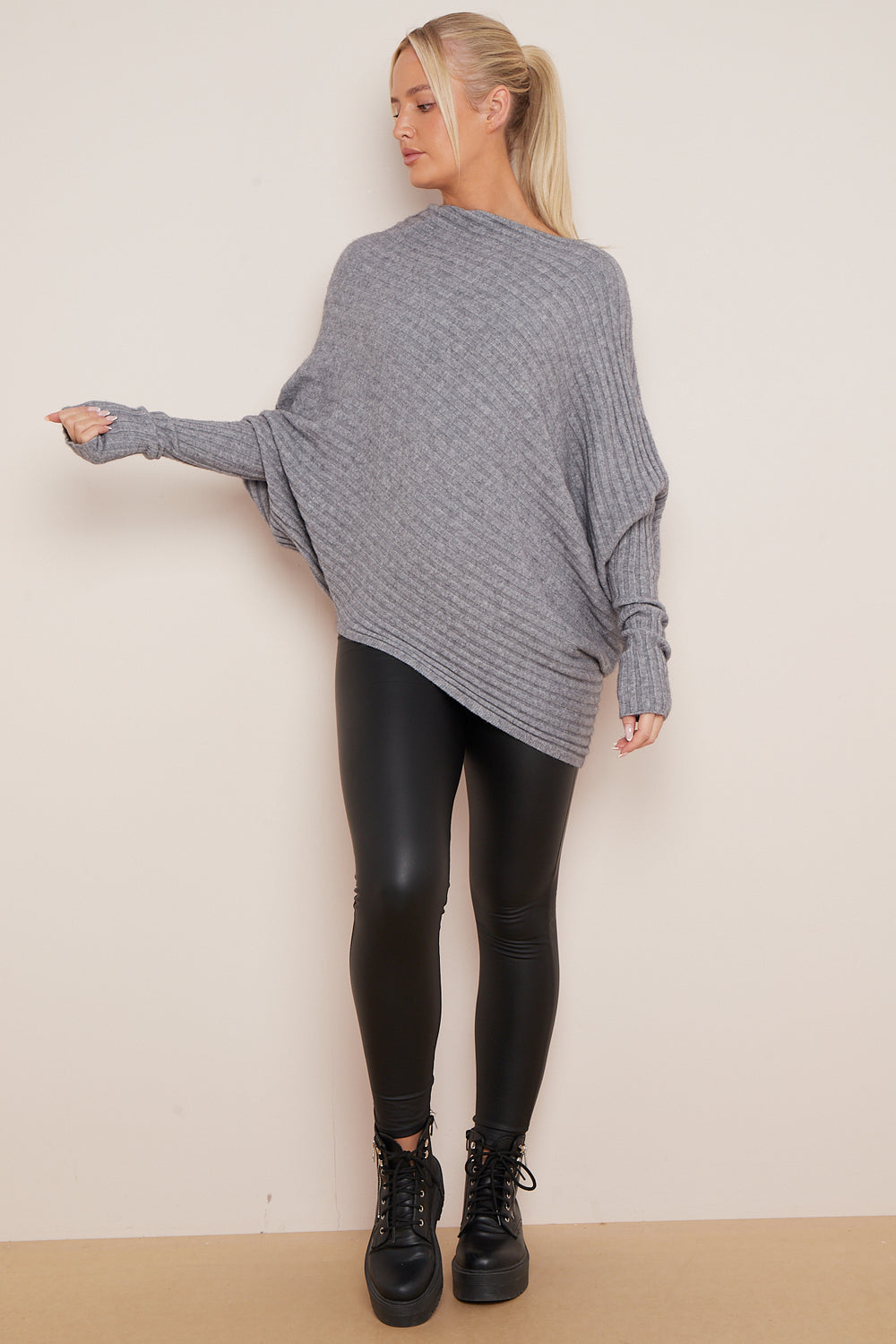 Zoe Ribbed Asymmetric Fine Knit Jumper - Grey