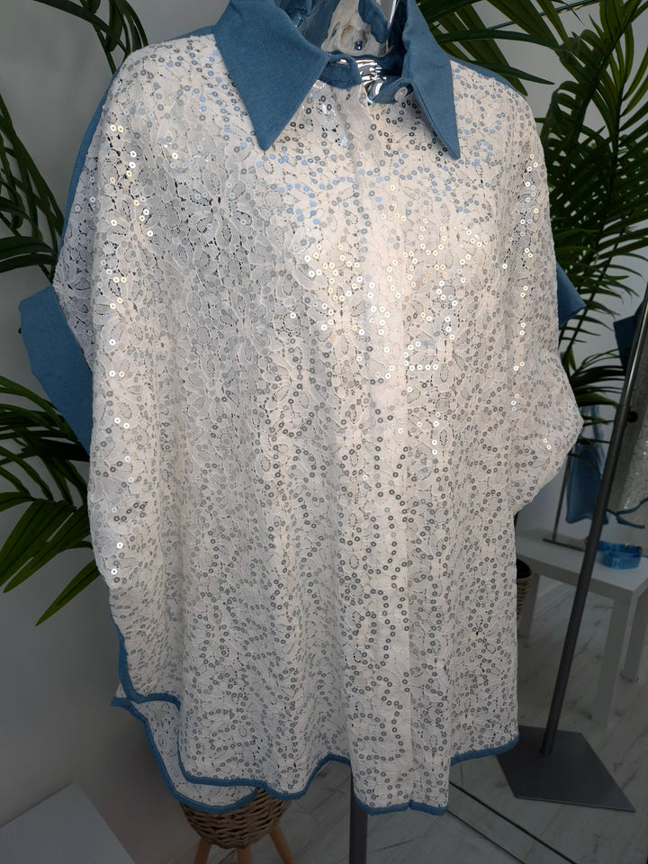 Zeta Otto Sequin Blouse - White/Blue Denim (Curvy)