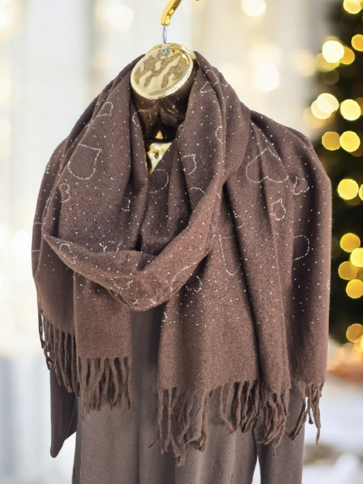 Sparkly Hearts Oversized Fringed Scarf - Chocolate