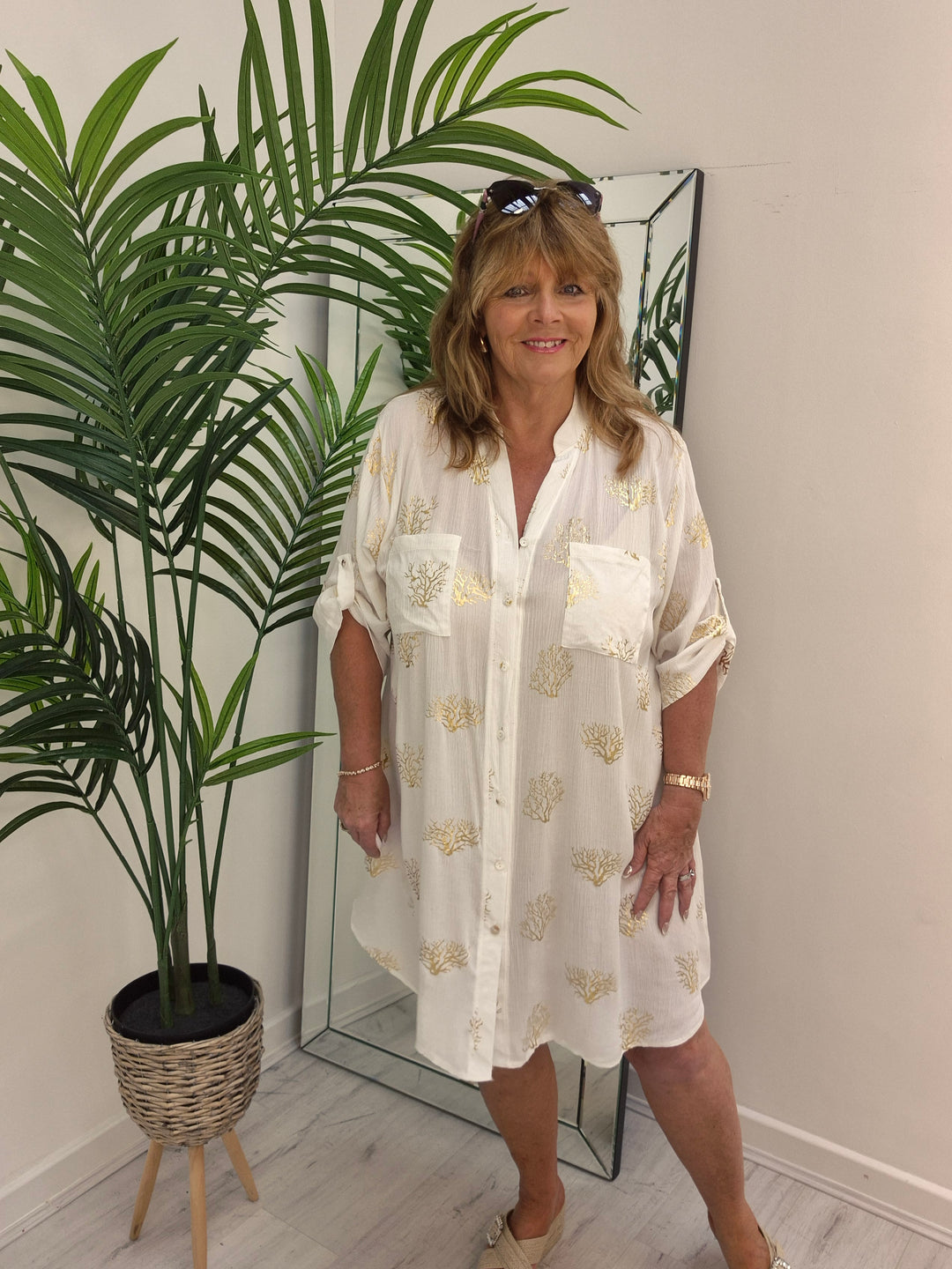Ibiza Tree of Life Shirt Dress - White/Gold (Loose Fit)