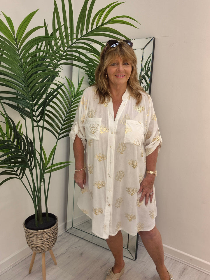 Ibiza Tree of Life Shirt Dress - White/Gold (Loose Fit)