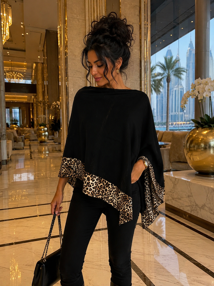 Poncho Asymmetric with Leopard Prim - (One Size - fits from Size 10 up to Size 16/18) - Black