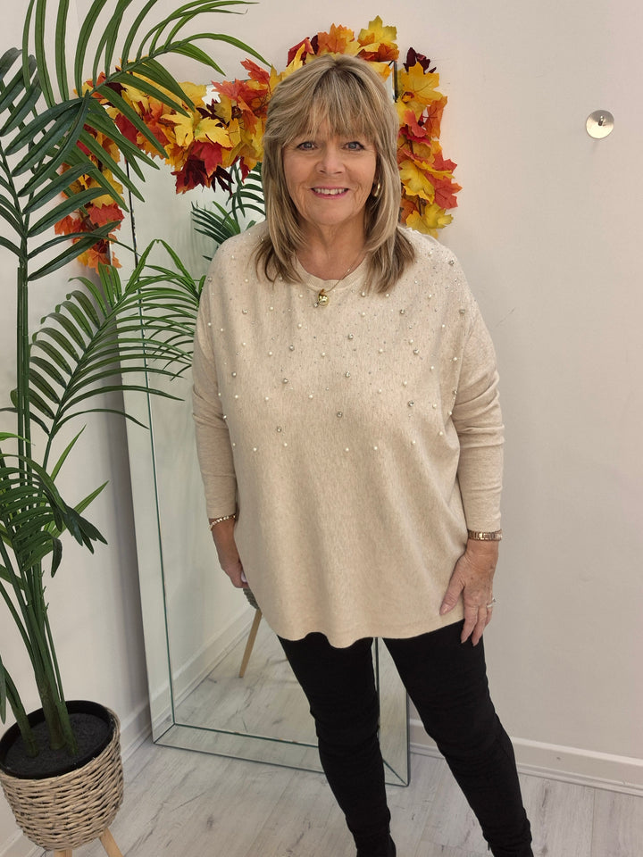 Angie Pearl & Crystal Fine Knit Oversized Jumper - Beige (One Size/Curvy - fitting from Size 14/16 up to Size 20)