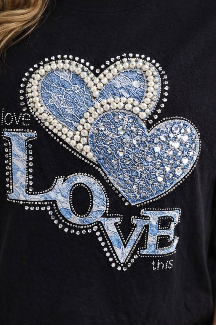 LOVE Hearts, Crystals, Pearls & Lace Tee Shirts - Black/Blue (choose your Size)