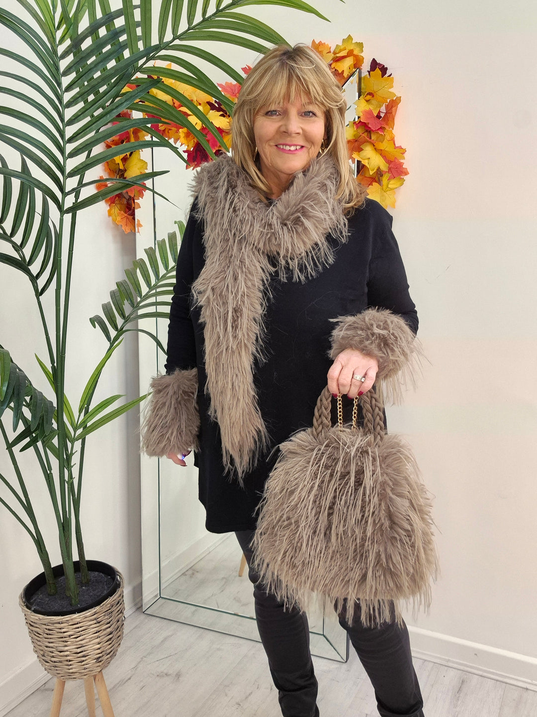 Oslo Faux Fur Shaggy Bag with Dual Handles & Chain Strap - Mocha