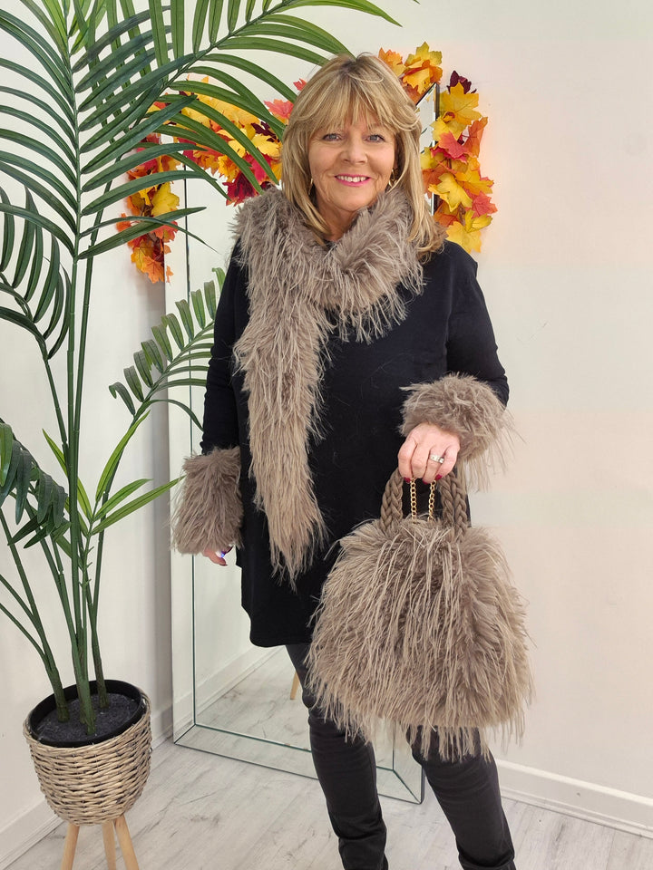 Oslo Faux Fur Shaggy Bag with Dual Handles & Chain Strap - Mocha