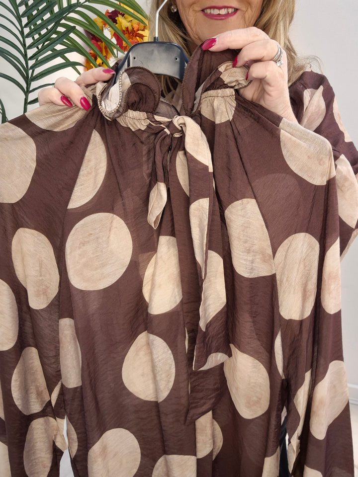 Dotty Oversized Blouse - (One Size/Curvy Size, fits from Size 14/16 to Size 20) - Chocolate