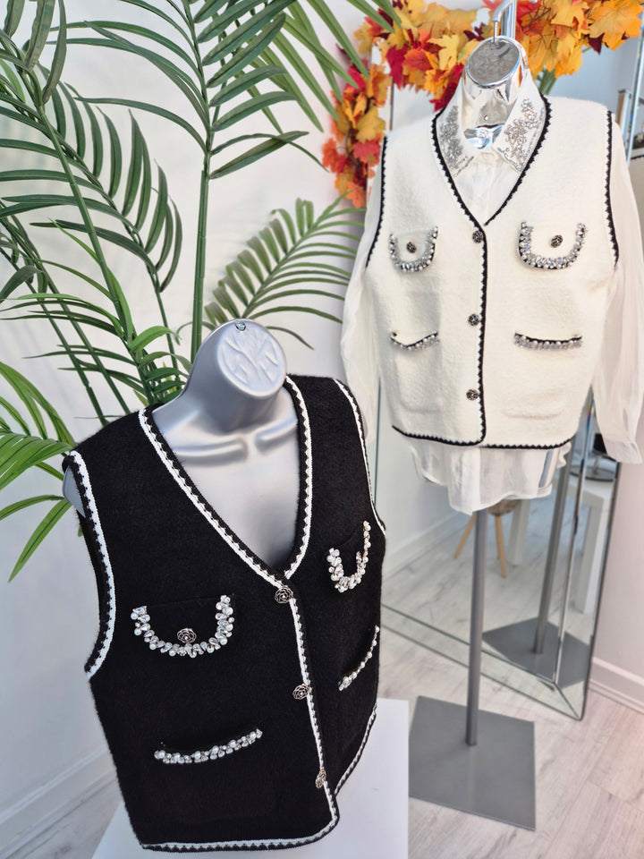 Coco Pearl & Crystals Waistcoat - (One Size, fits from Size 8/10 up to Size 14) - Black/Winter White