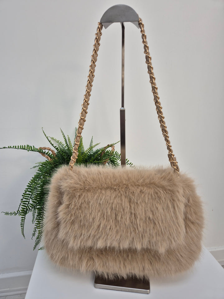 Oslo Faux Fur Bag with Gold Chain Link Dual Handles - Creamy Beige