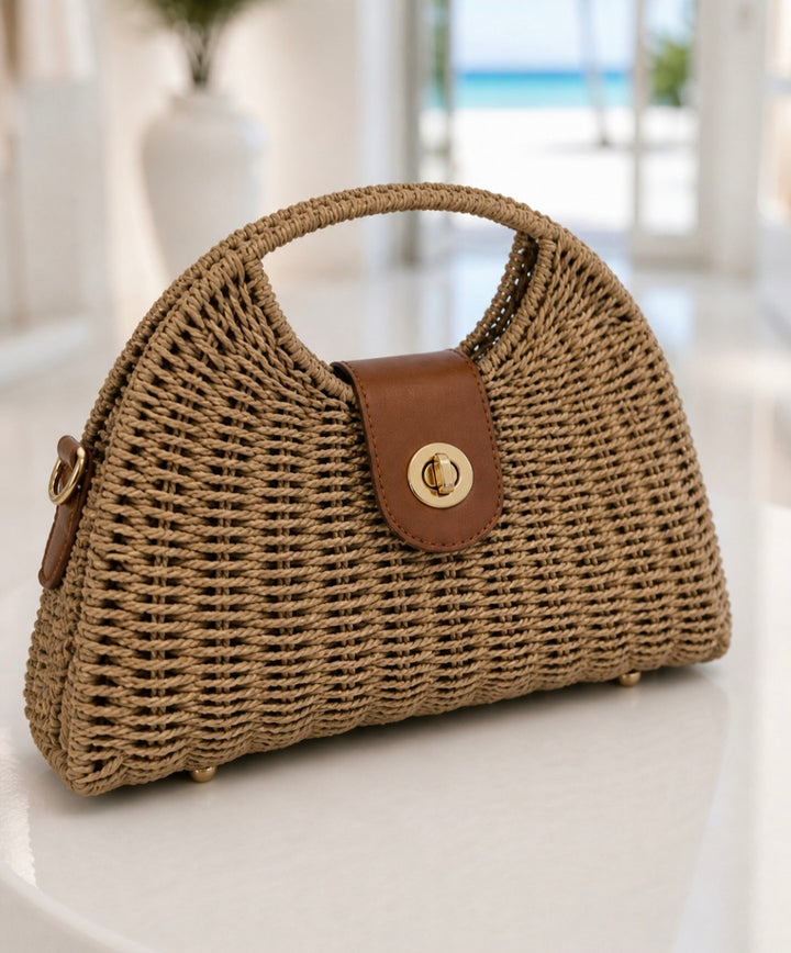 Woven Wicker Bag with Cross Body Strap - Natural (Gold Tone)