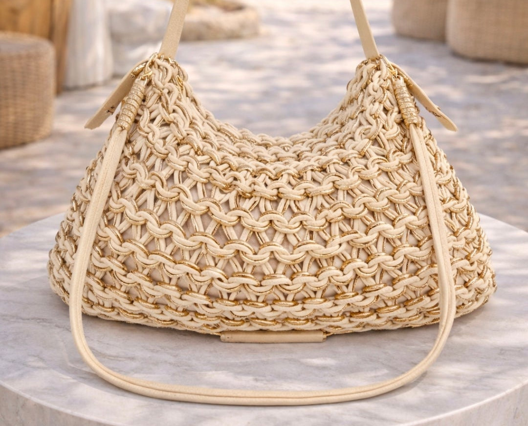 Marbella Gold Metallic Rope Bag - Cream/Gold
