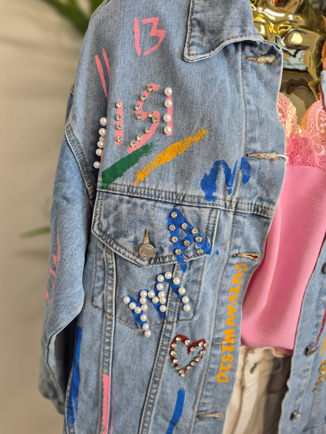 Paint Splashed Denim Jacket with Crystals - Stonewashed