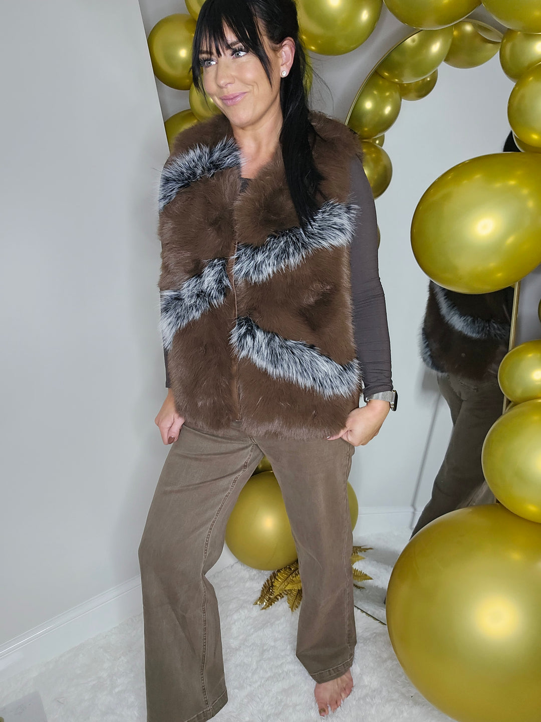 Oslo Faux Fur Two Tone Gilet with Crystal Fastenings - Chocolate (One Size - fits up to Size 10 up to Size 16)