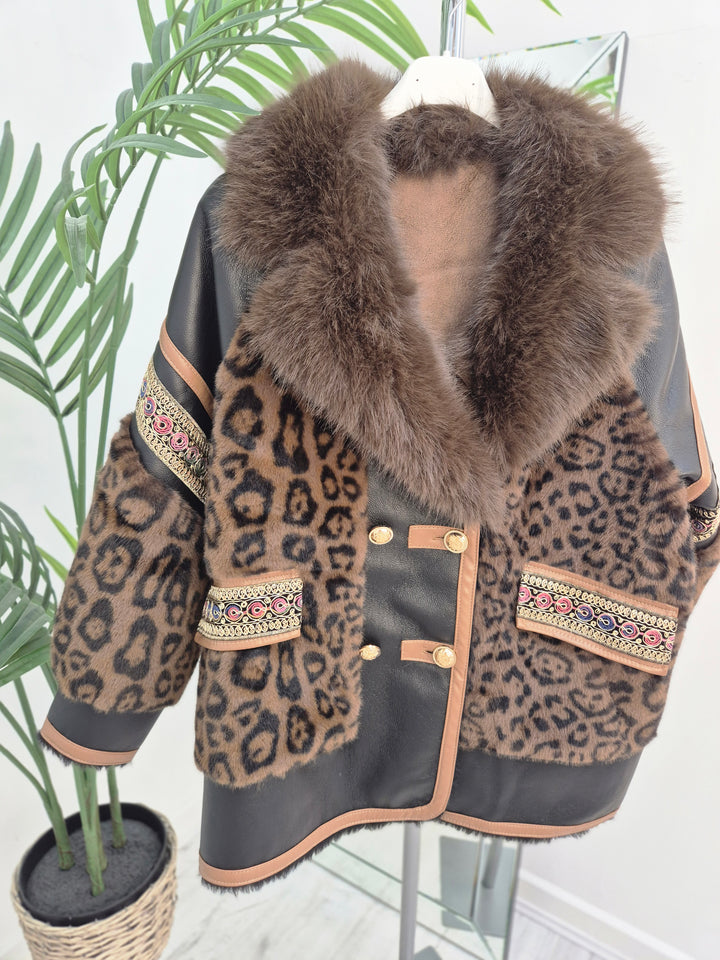Oslo Faux Fur/Faux Leather Jacket - Chocolate Leopard - (Oversized fits Size 12/14 to Size 18/20/20)