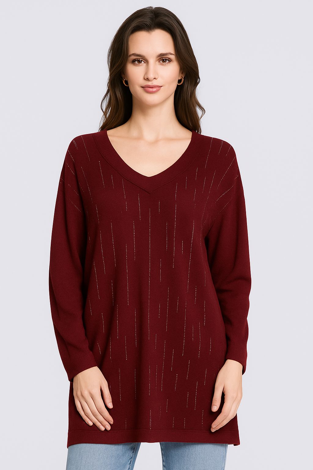 Davina Sparkly V Neck Jumper - Wine (One Size/Curvy, fits from Size 12/14 up to Size 18)