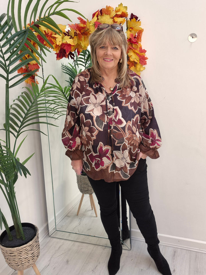 Floral Autumn Blouse - Black/Wine/Chocolate (fits from Size 12/14 to Size 18/20)