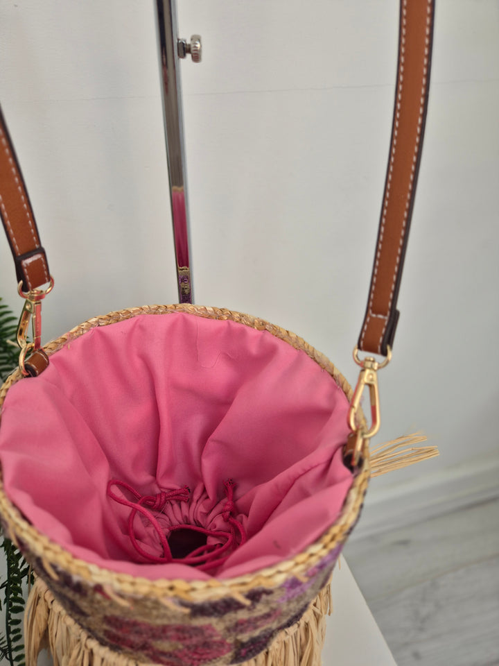 Sequin Straw Bag with Long Adjustable Strap - Pink Multi Sequins