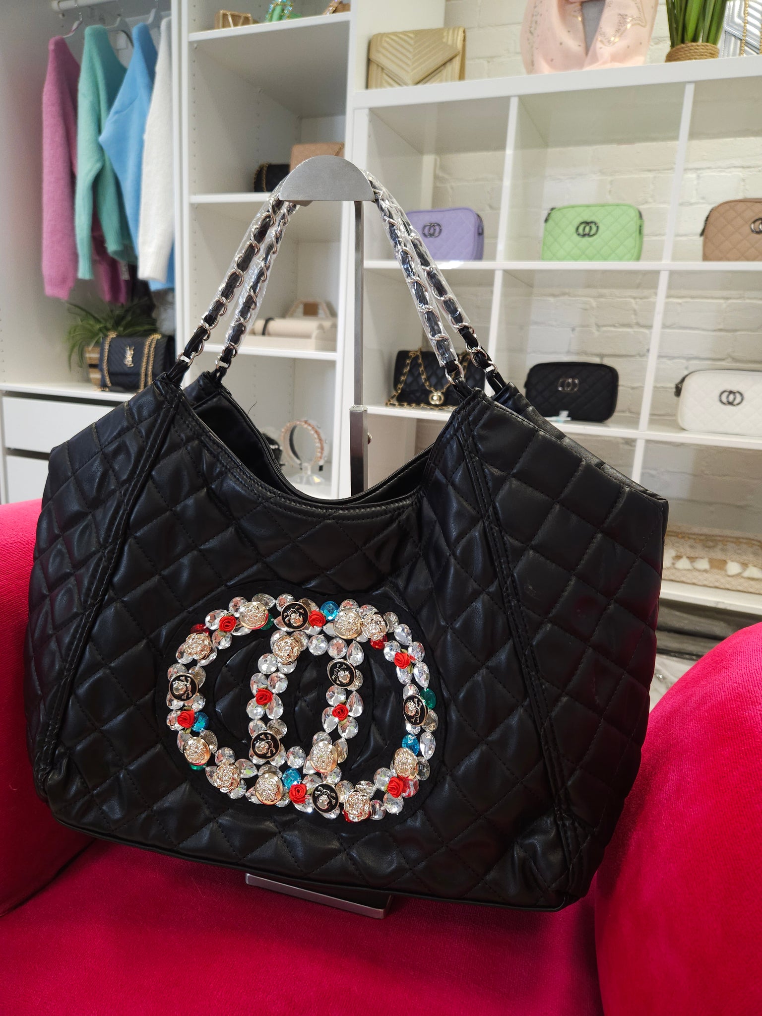 CoCo Crystal Quilted Tote Bag - Black