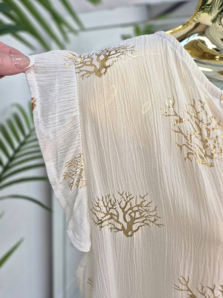 Ibiza Tree of Life Frilled Sleeve Dress - White/Gold - (Loose Fit)