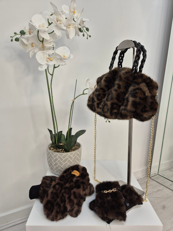 Oslo Faux Fur Bag with Gold Chain - Chocolate Leopard