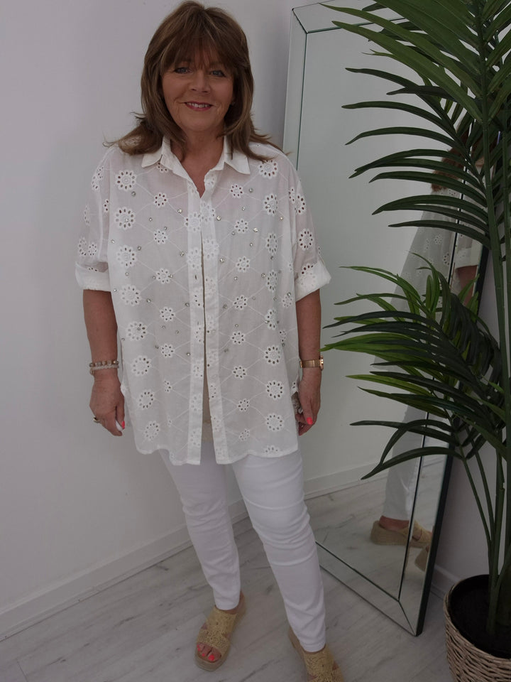 Zeta Otto Broderie Anglaise Blouse with Crystals - White (Oversized)