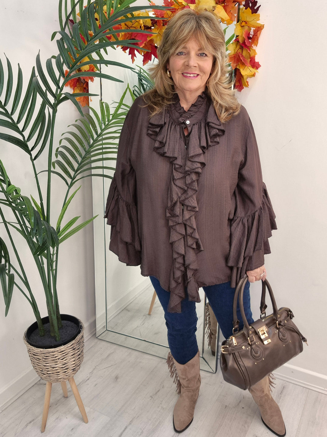 Rhea Ruffle Blouse - (One Size, fits from Size 14 up to Size 18/20) - Chocolate