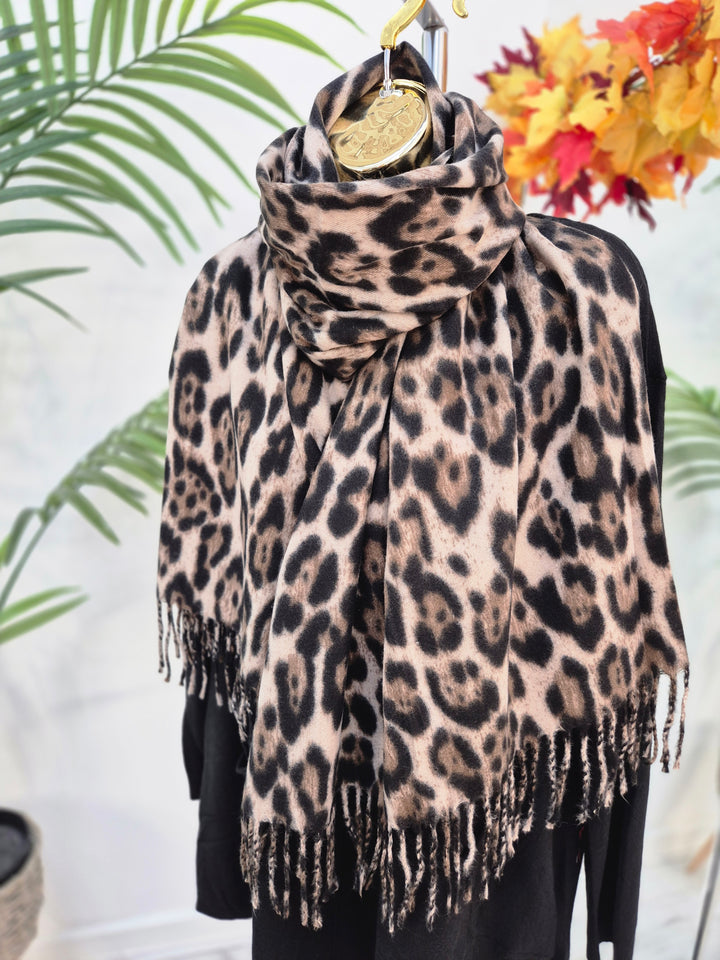 Chocolate Leopard Soft Touch Oversized Fringed Scarf