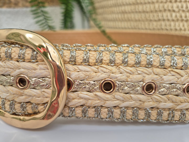 Woven Belt with Large Gold Buckle - Natural/Gold