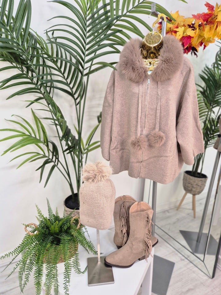 Oslo Faux Fur Hoodie/Cardigan/Jumper - Mocha (One Size fits from Size 12 up to Size 20)