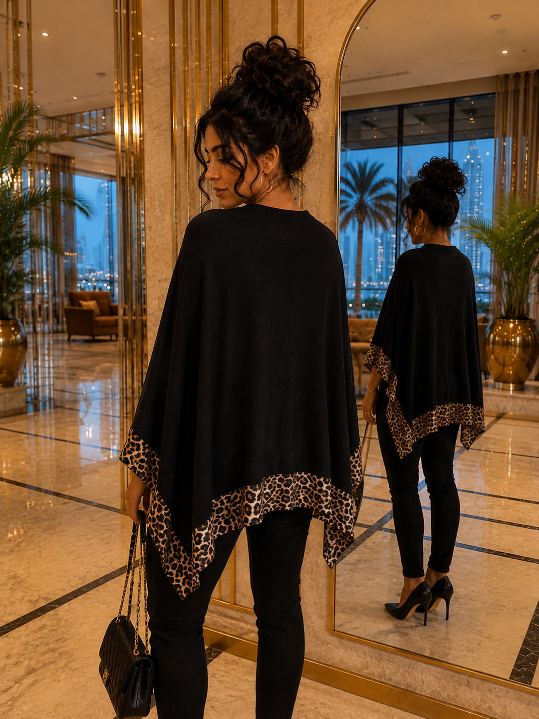 Poncho Asymmetric with Leopard Prim - (One Size - fits from Size 10 up to Size 16/18) - Black