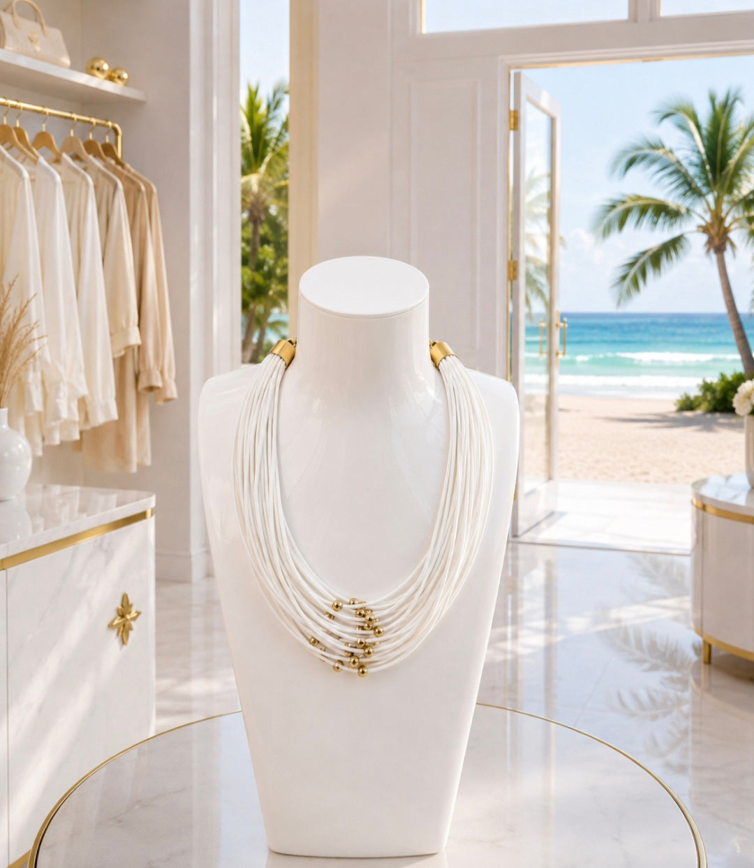 Statement Necklace - Multi Stranded with Gold Tone Beads - White/Gold