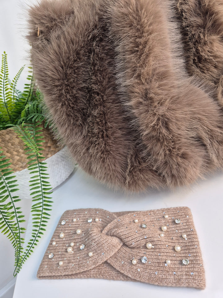 Sparkly Pearl & Crystal Headband - Mocha