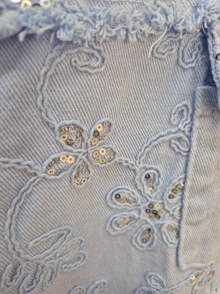 Dana Floral Sparkly Denim Shacket - Powder Blue (One Size/Curvy, fitting from Size 10/12 up to Size 18)