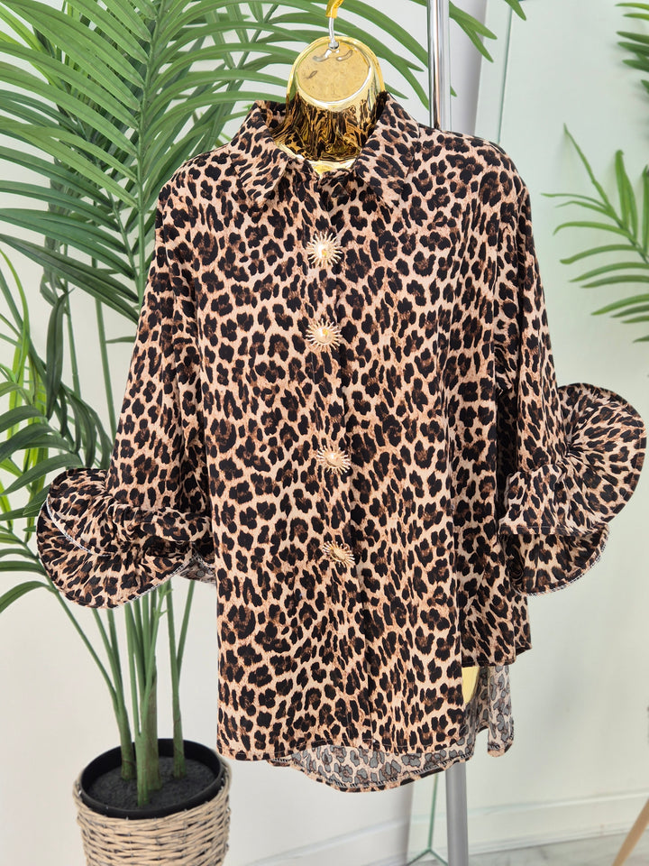 Leopard & Sunburst Buttons Blouse (Oversized)