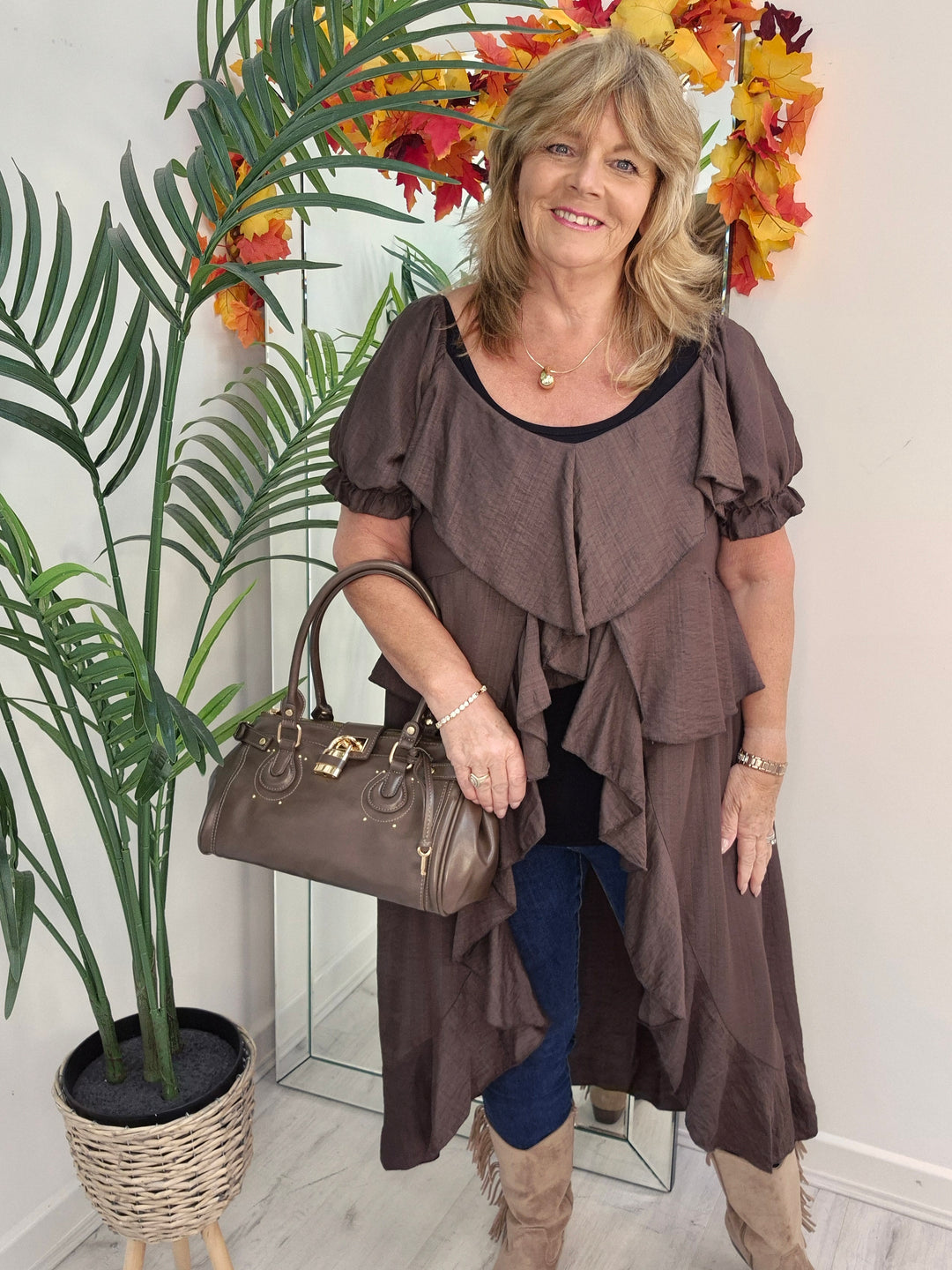 Rhea Ruffle Hi Lo Blouse - Chocolate - One Size fits up to Size 16/18