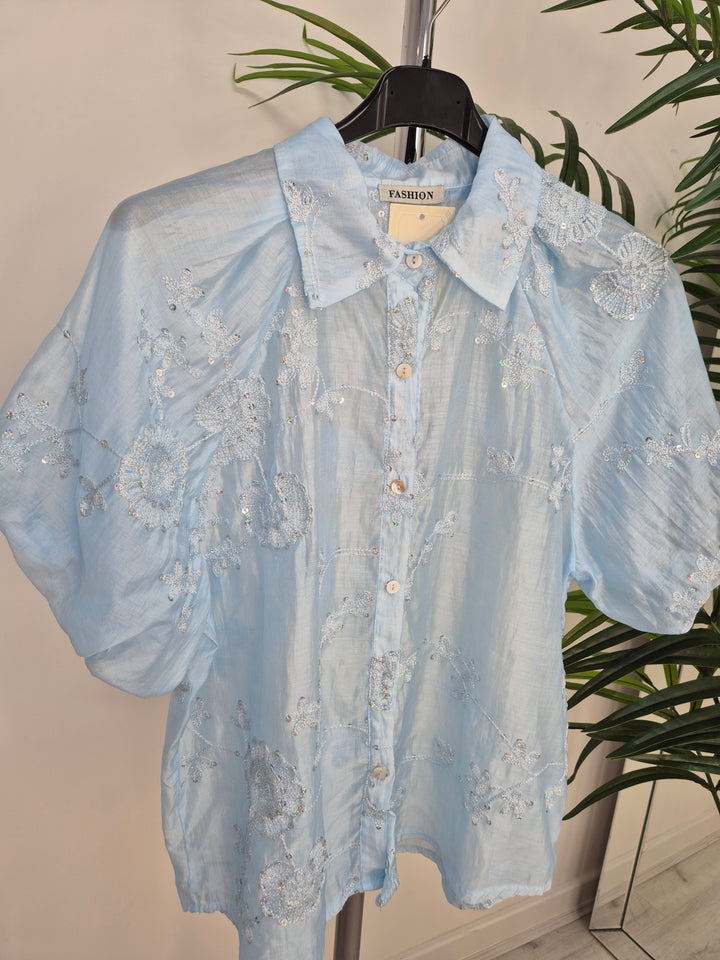 Patsy Puffball Sleeve Sparkly Blouse (One Size, fits from Size 10/12 up to Size 16) - Blue