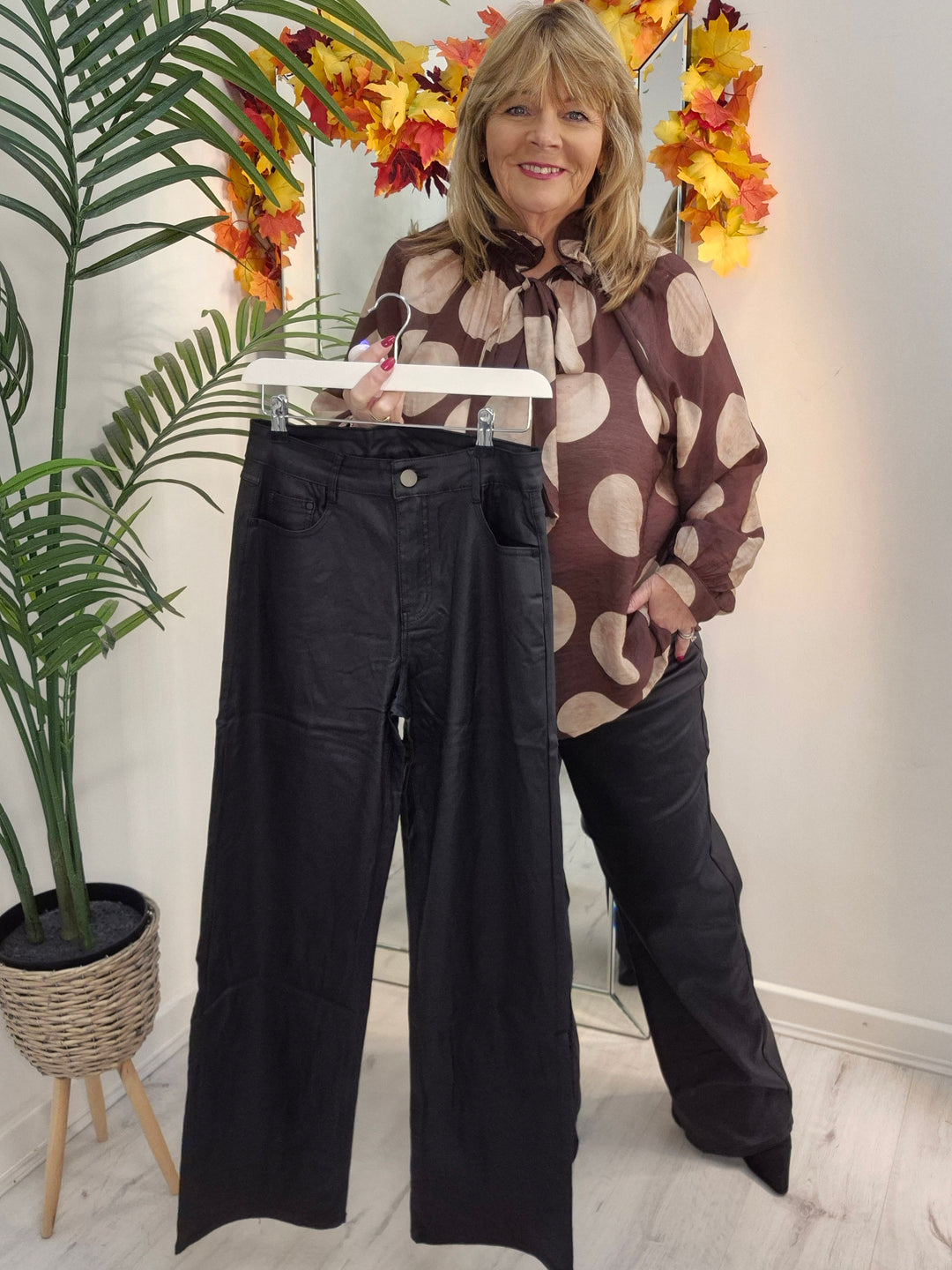 Noir PU Coated Wide Leg Jeans - Black (G Smack) - (choose your Size)