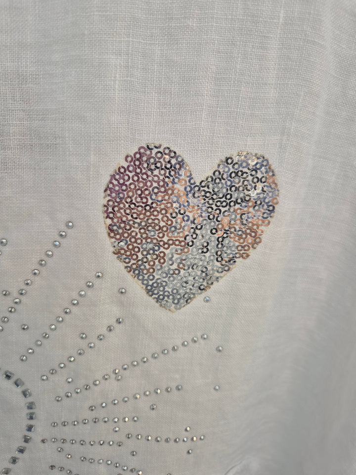 Amalfi Linen Hearts & Sequins Top - White (Oversized, fits from Size 14 to Size 18)
