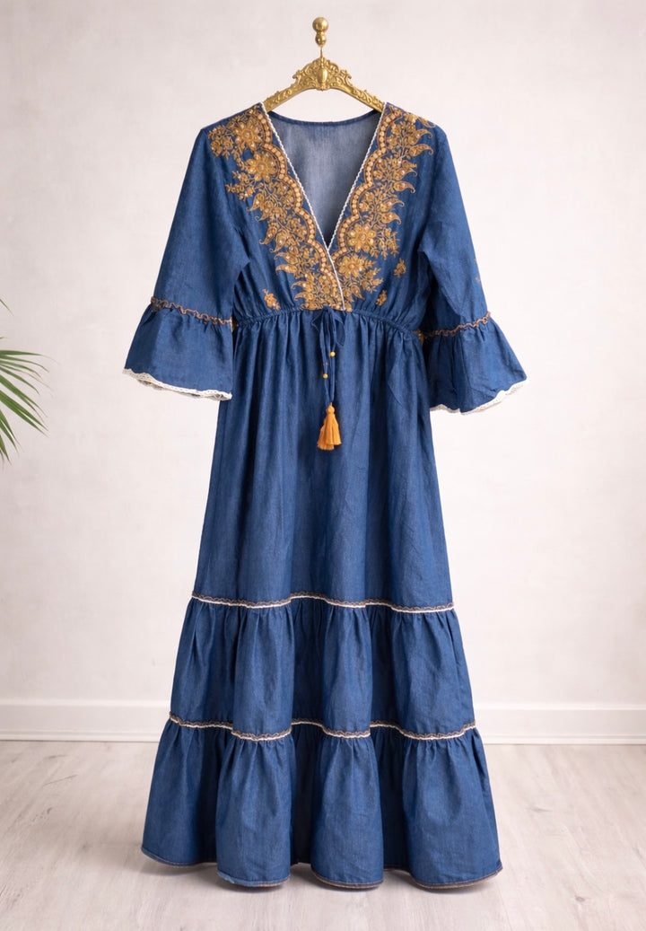 Boho Vibes - Dark Denim with Gold Embroidery (One Size, fits from Size 10 up to Size 16)