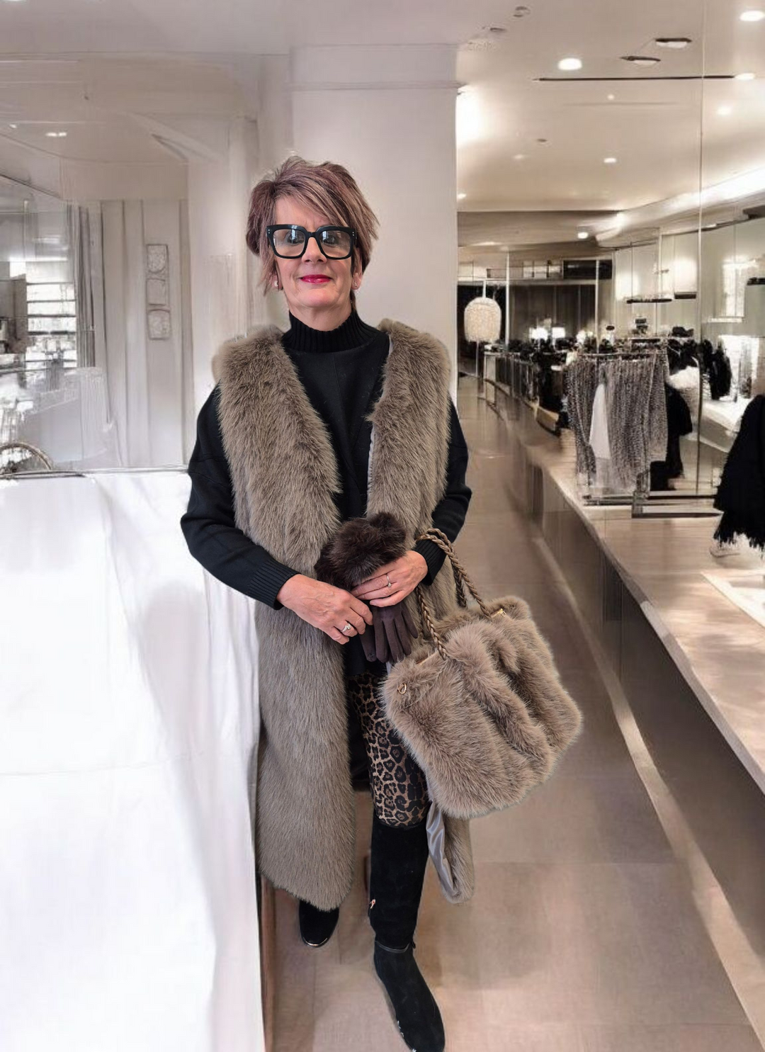 Oslo Faux Fur Bag with Dual Handles - Mocha (Large Size)