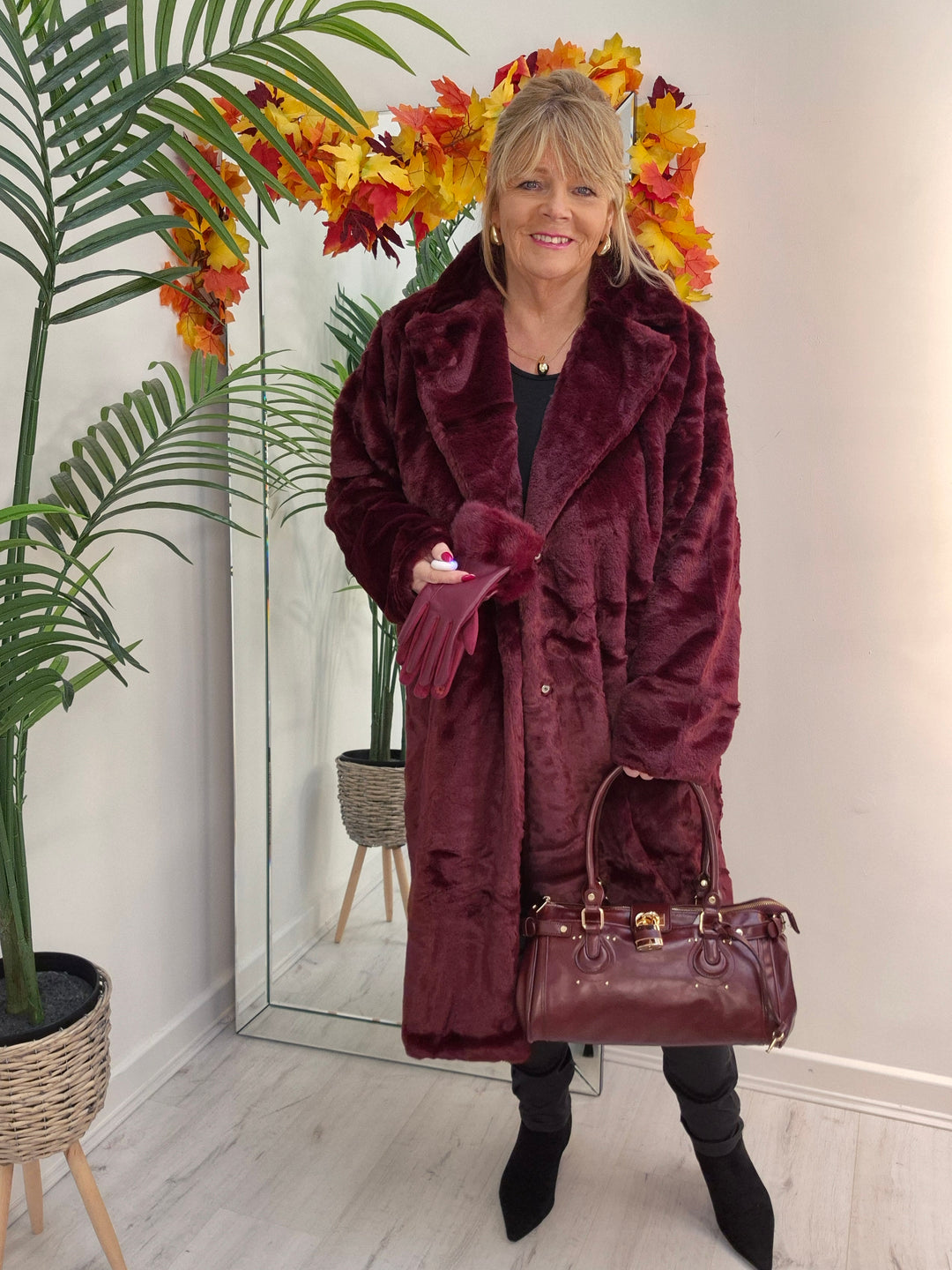 Oslo Faux Fur Longline Coat - Wine (choose your Size)