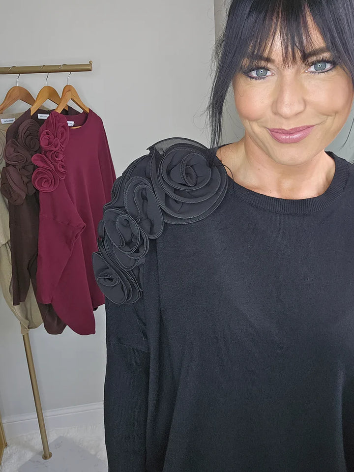 Corsage Oversized Jumper - Black (fitting from Size 14 up to Size 20)