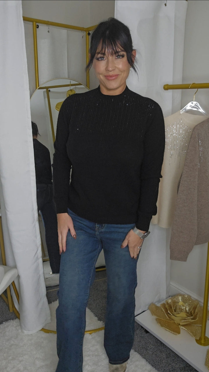 Krystle Diamante High Neck Jumper - Black (One Size, fits from Size 8 up to Size 14)